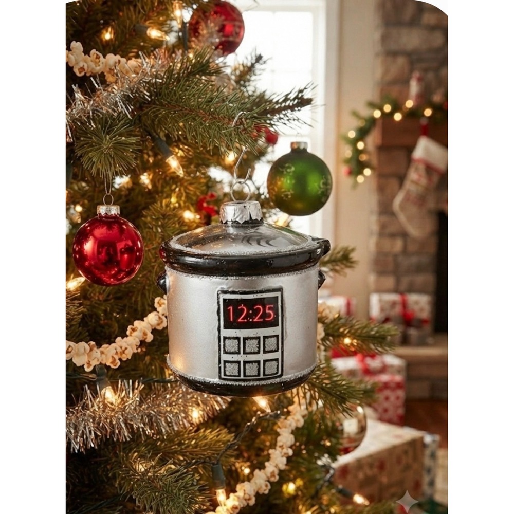 Slow Cooker Crock Pot Glass Christmas Ornament‎ Silver Black Foodie Kitchen Gift